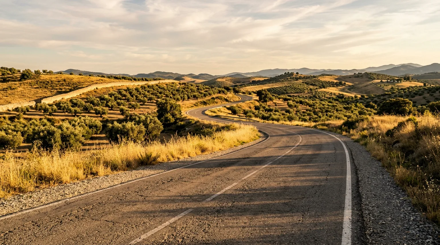 Carretera secundaria en el campo español al atardecer